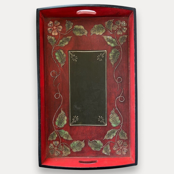 Kitchen Other - Hand painted Floral Leaf wooden tray Red kitchen serving art deco